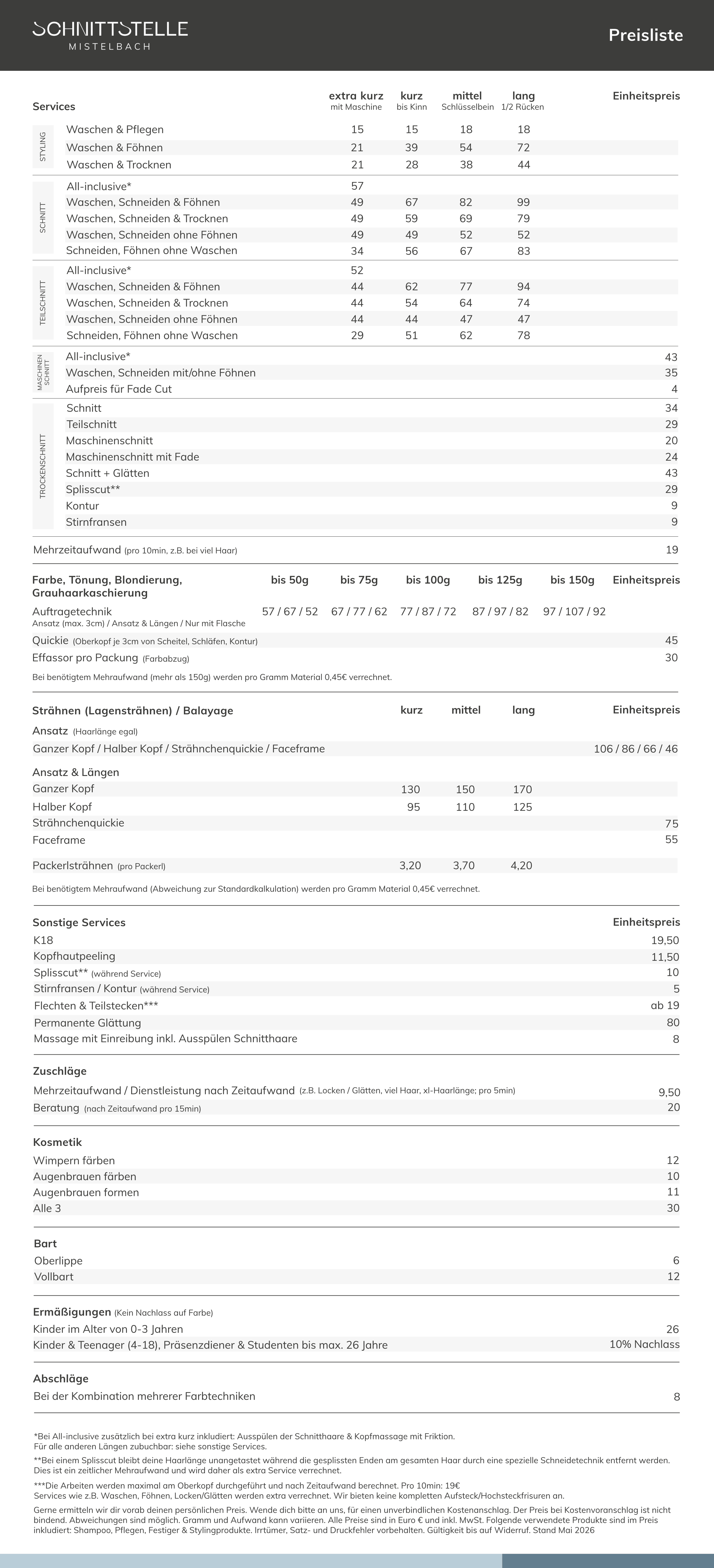Preisliste Schnittstelle Mistelbach Preisliste Schnittstelle Mistelbach